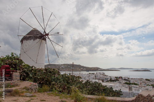 View of windmills in Mykonos