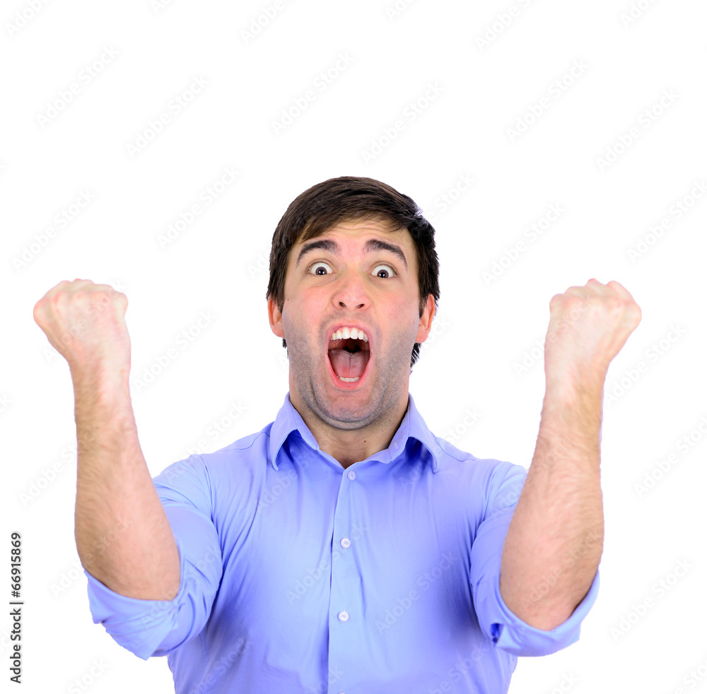 Successful man celebrating with arms up and shouting of joy isol Successful man celebrating with arms up and shouting of joy isol