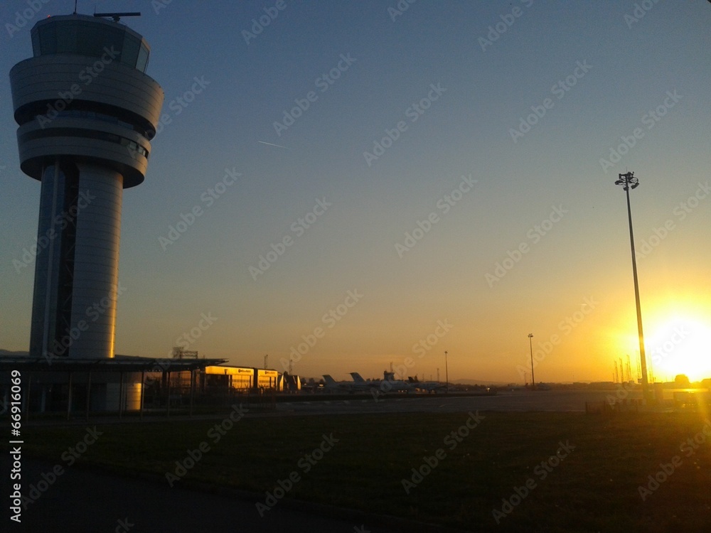 Sofia airport control tower at sunset