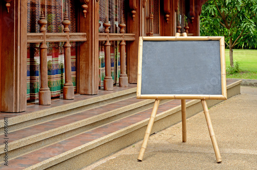 Empty Chalkboard with Bamboo Wood Stand.