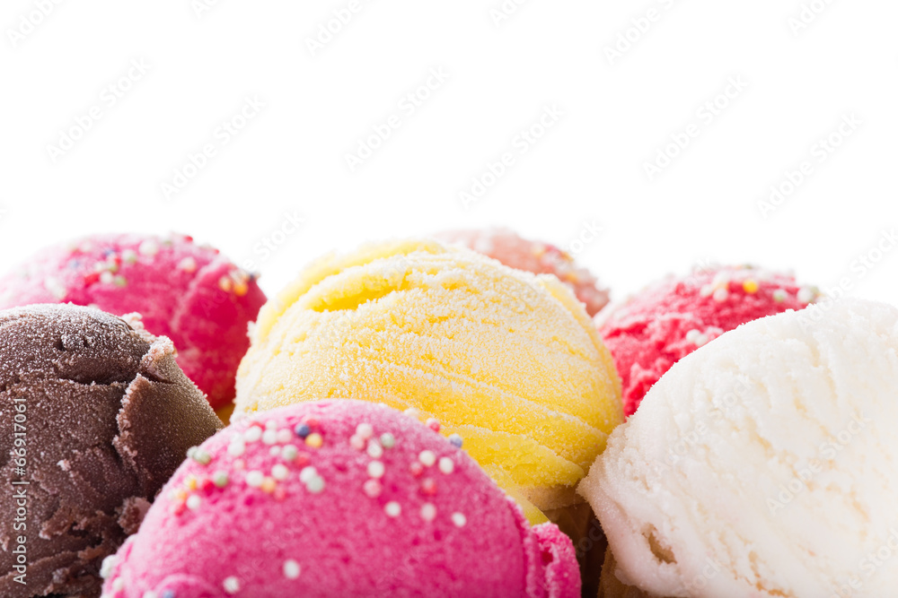 Ice cream scoops on wooden table. Ice cream scoops on wooden table.
