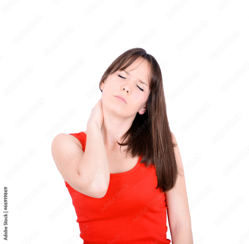 Portrait of young woman with neck pain isolated on white Portrait of young woman with neck pain isolated on white