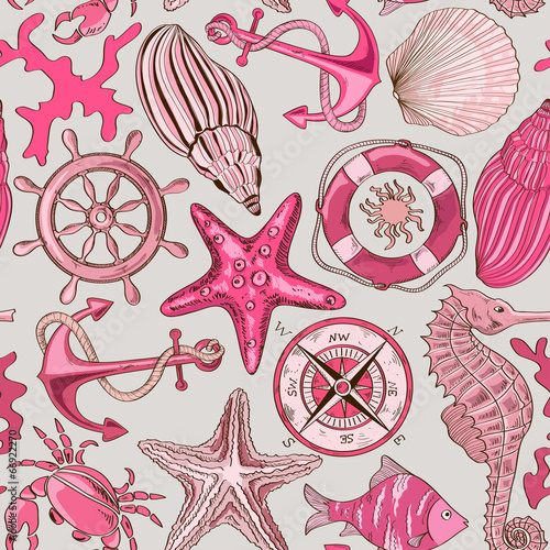 Seamless pattern of sea animals and nautical elements