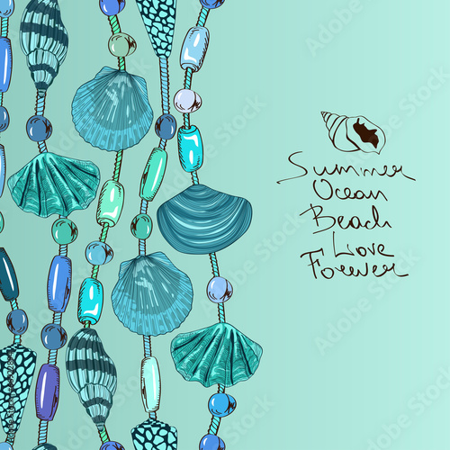 Illustration with jewelry of seashell and beads