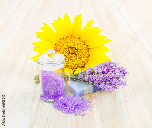 Lavender bath salt and soap. photo