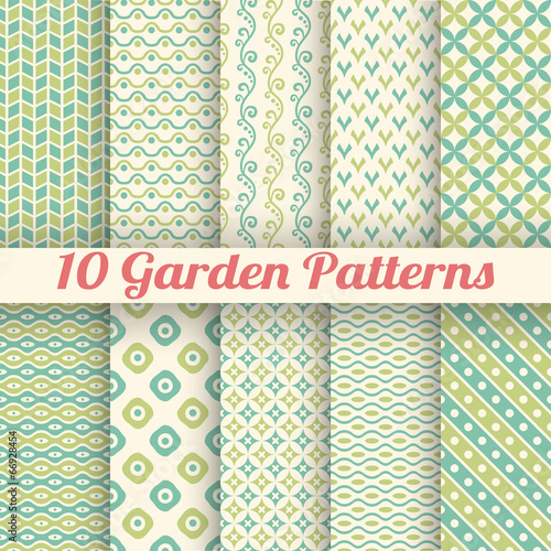 10 Green garden vector seamless patterns. Abstract texture