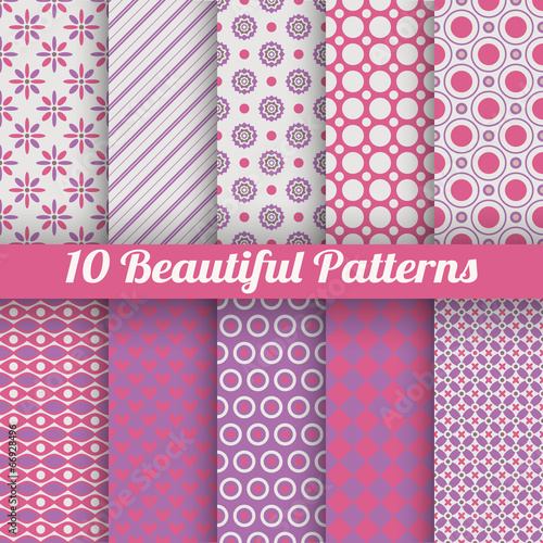 10 Beautiful vector seamless patterns (tiling). Pink, purple