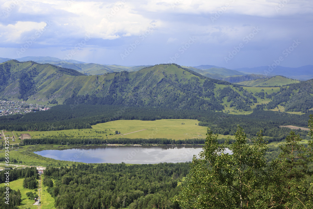 Beautiful summer landscape. Manzherok lake in Altai.