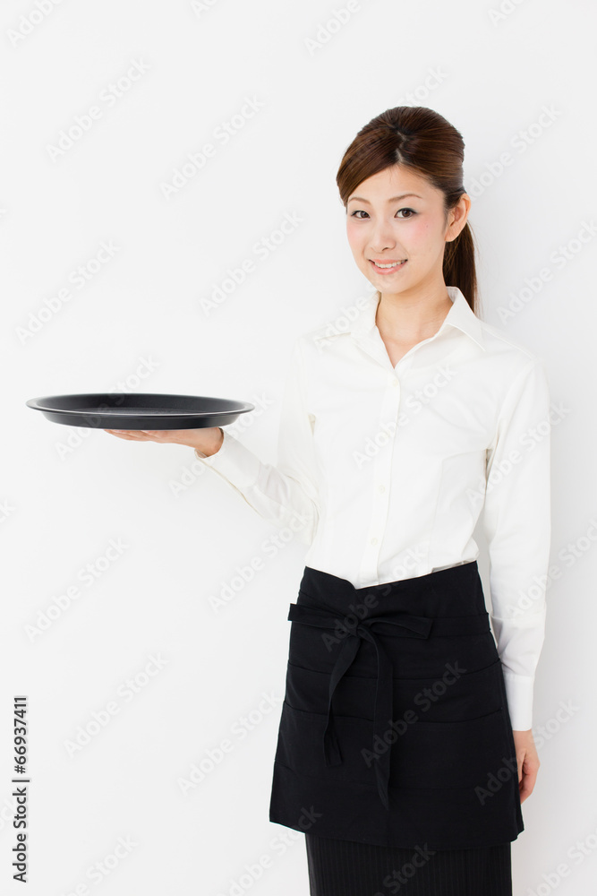 young asian waitress on white background young asian waitress on white background