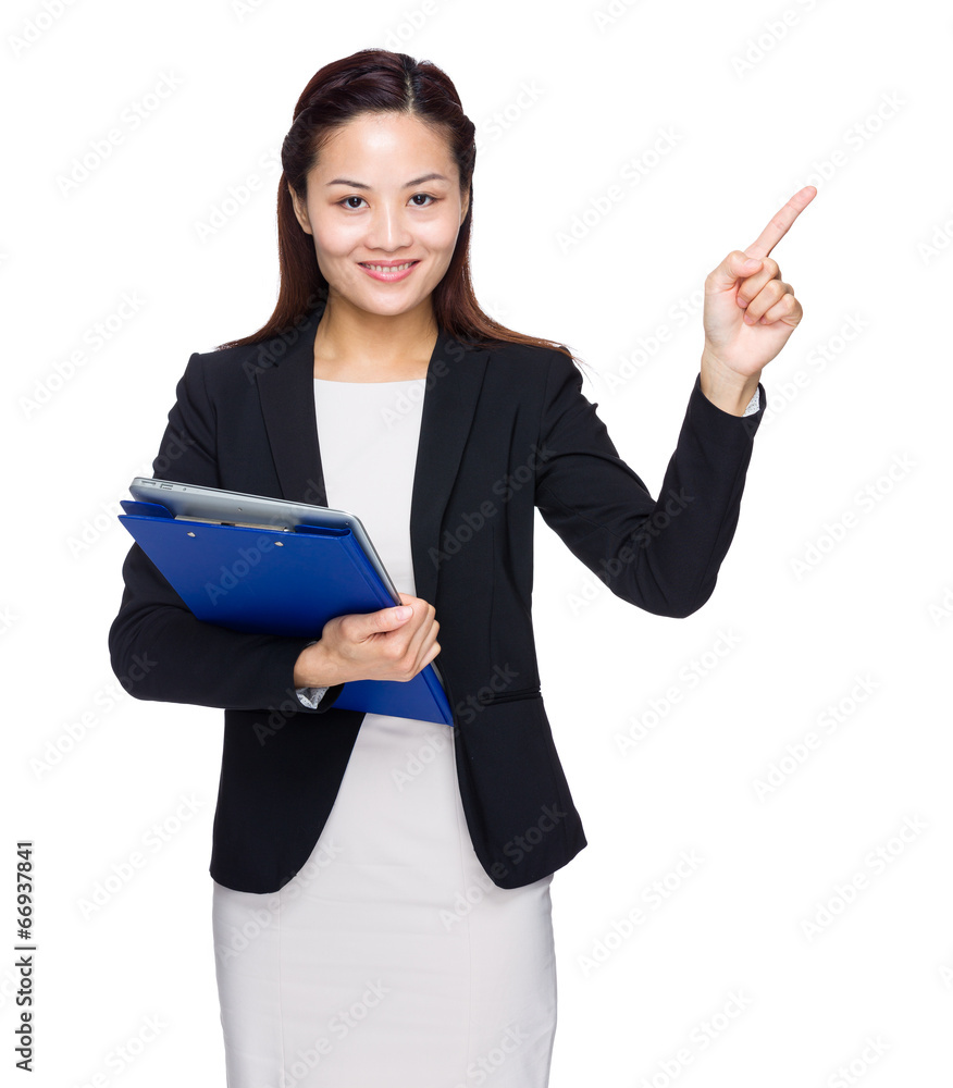 Business woman with file pad and finger point out