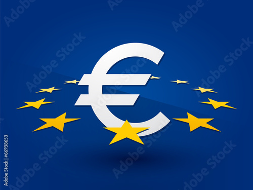 Euro symbol surrounded by the stars on a blue background