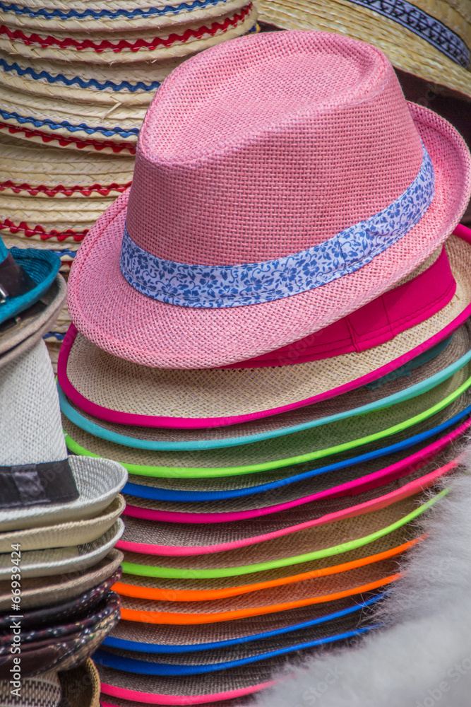 Stack of colorful hats at romanian market
