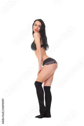 sexy young woman stand in black lingerie
