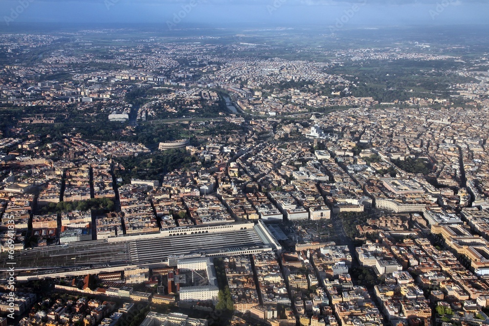 Rome aerial view with Termini Station, Vittoriano and Colosseum