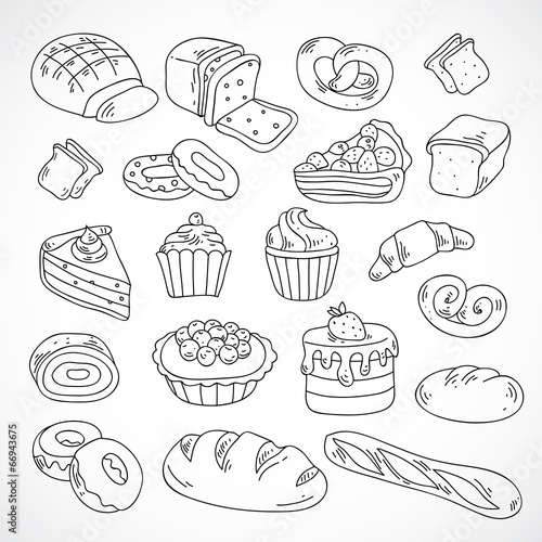 Vector hand drawn bakery cakes, croissant, cupcakes, donut
