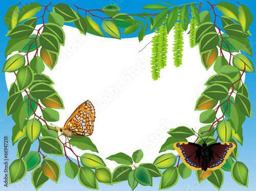 birch foliage frame wit two butterflies
