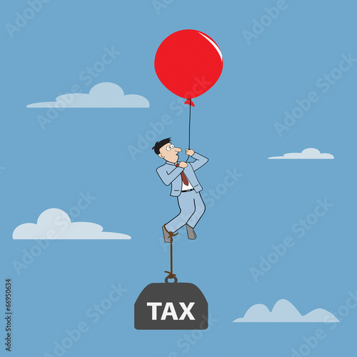 Businessman flying  by using balloon with burden tax