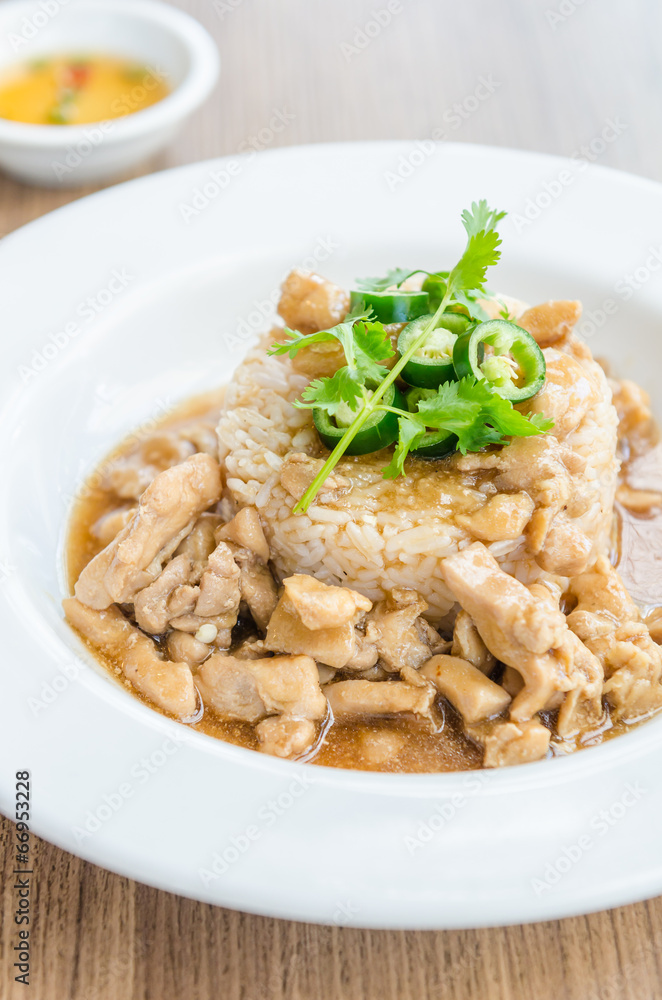 Chicken with brown sauce on rice Chicken with brown sauce on rice