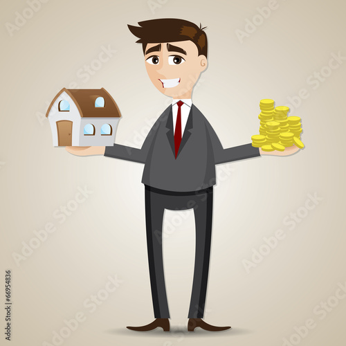 cartoon businessman holding house and gold coin