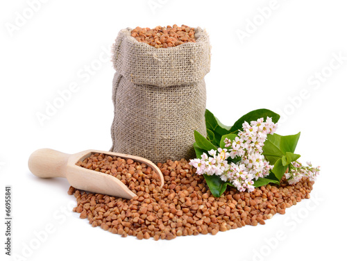 Buckwheat bag and flowers isolated. photo