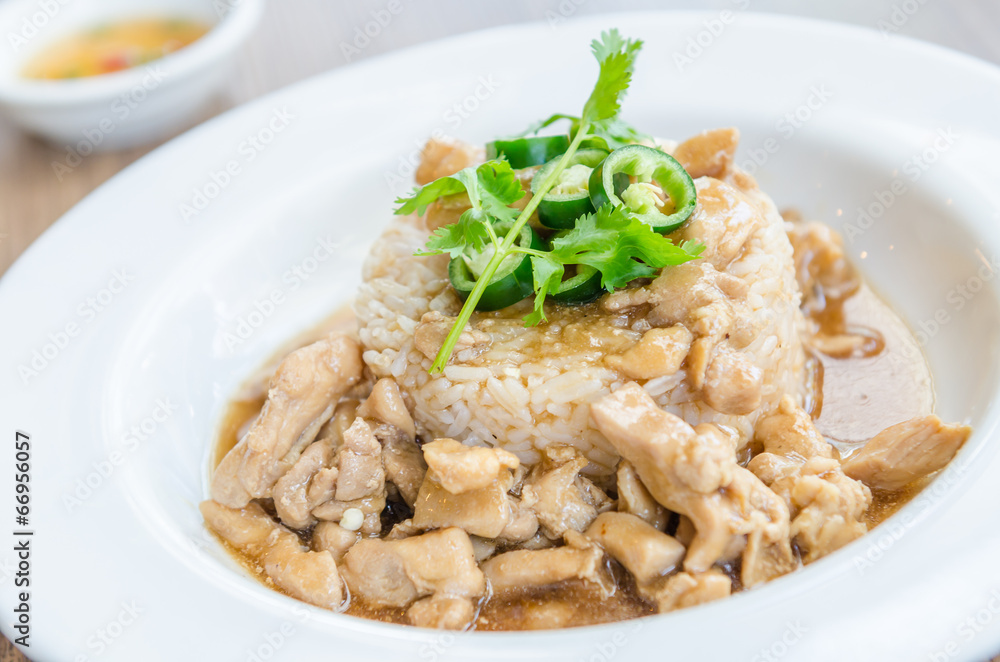 Chicken with brown sauce on rice Chicken with brown sauce on rice