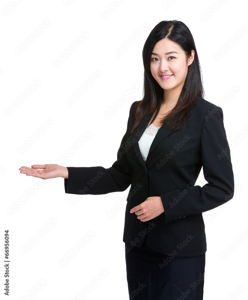 Asian business woman with open hand palm Asian business woman with open hand palm