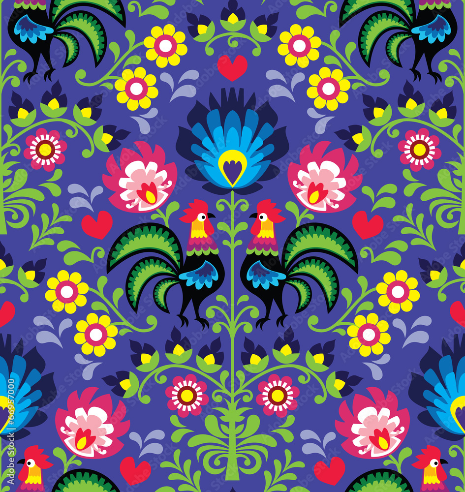 Seamless Polish folk art pattern with roosters - Wzory Lowickie