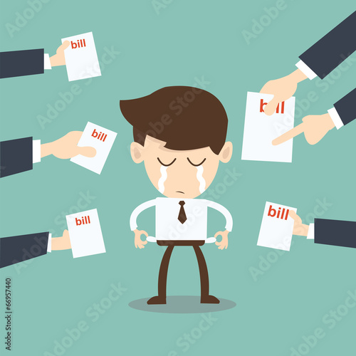 broke man hassled by creditors holding bills, signs, payment dem