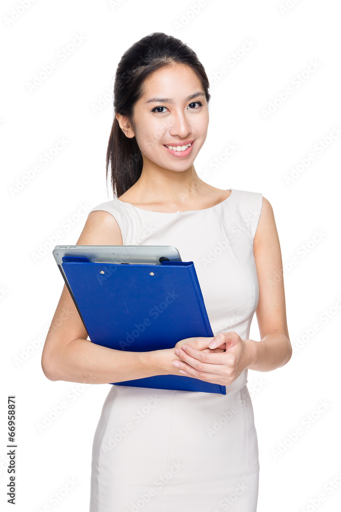Asian woman hold with clipboard and laptop computer Asian woman hold with clipboard and laptop computer
