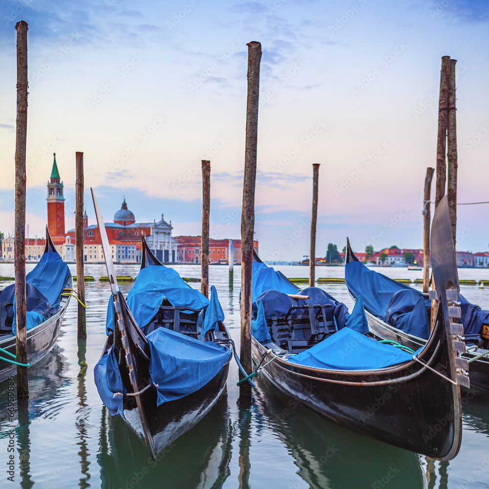 Gondolas in the Grand Canal at sunset