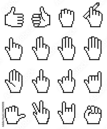 Set of unusual pixelated hand icons.