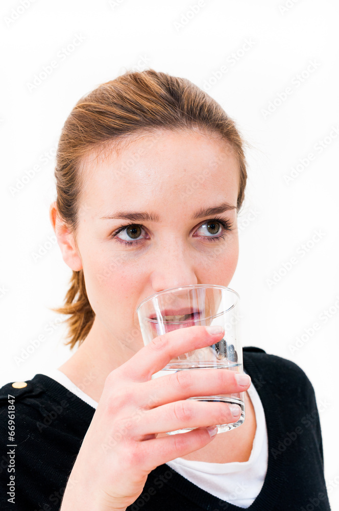 woman drinking water against white background woman drinking water against white background