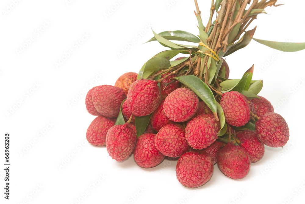 Fresh lychees with leaves Fresh lychees with leaves