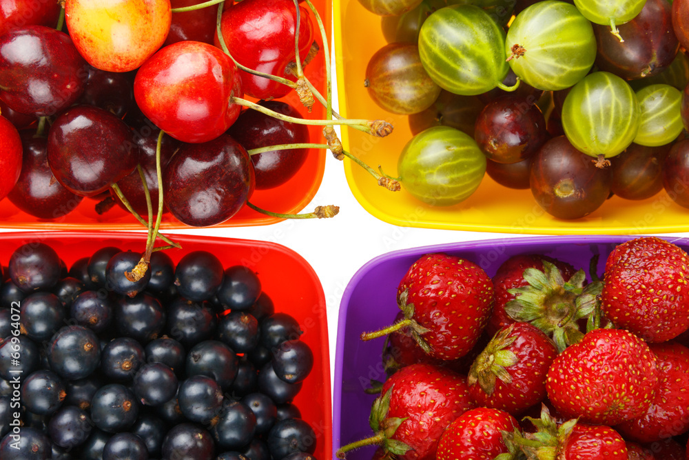 colored berries in bowls and white background colored berries in bowls and white background