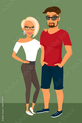 Hipster guy and his blond pretty girlfriend wearing glasses