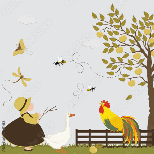 Cute girl with goose, cock, bee and butterflies