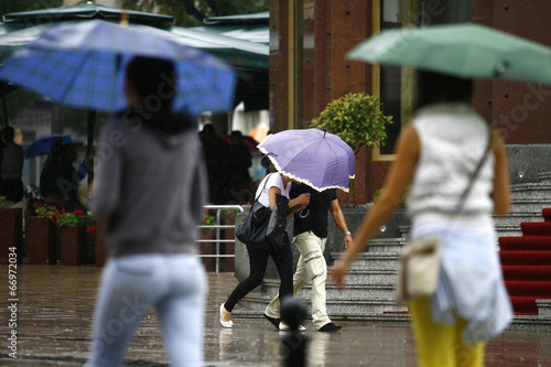 People walking with umbrellas in the rainy city