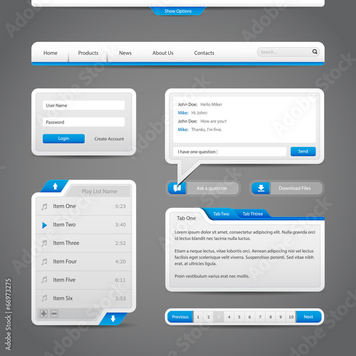 Web UI Controls Elements Gray And Blue On Dark Background