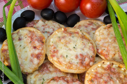 Mini pizza with tomatoes, green onions and olives