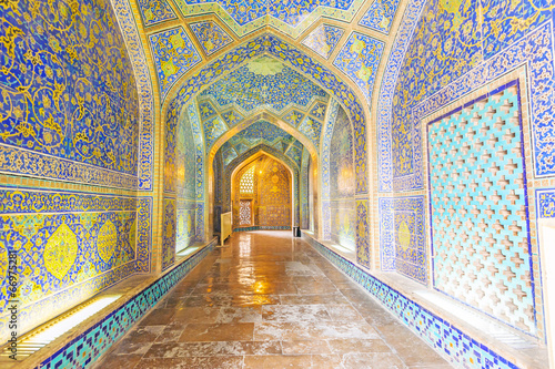 Interior and passage Sheikh Lotfollah Mosque in Isfahan, Iran photo