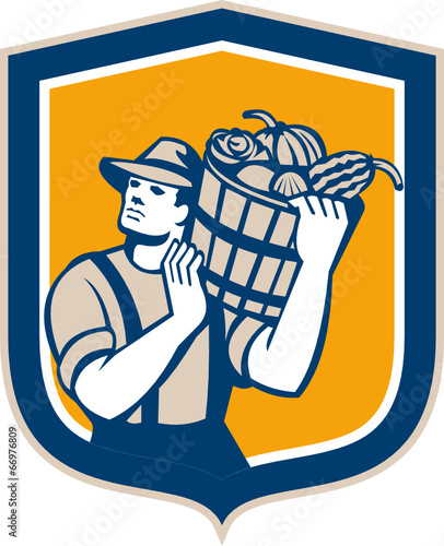 Wheat Farmer With Crop Harvest Bucket Retro