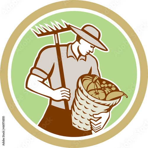 Organic Farmer Holding Rake Harvest Basket Retro