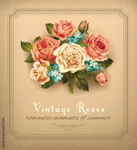 Vintage card with bouquet of roses. Vector