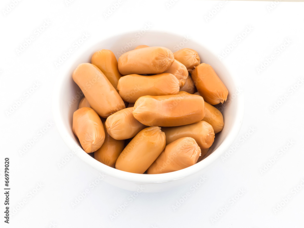 Cocktail sausages in white bowl Cocktail sausages in white bowl