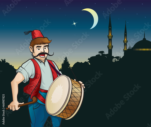 Ramadan drummer, night, the moon and a mosque