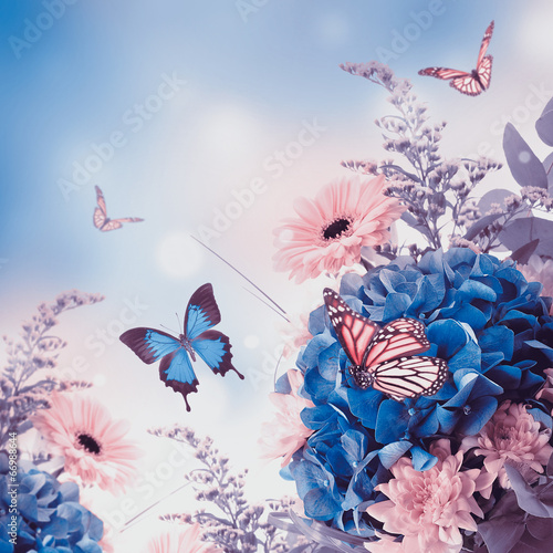 Fototapeta Naklejka Na Ścianę i Meble -  Bouquet from blue hydrangeas and  butterfly, a flower background