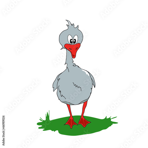 Cartoon gray goose on a green glade.