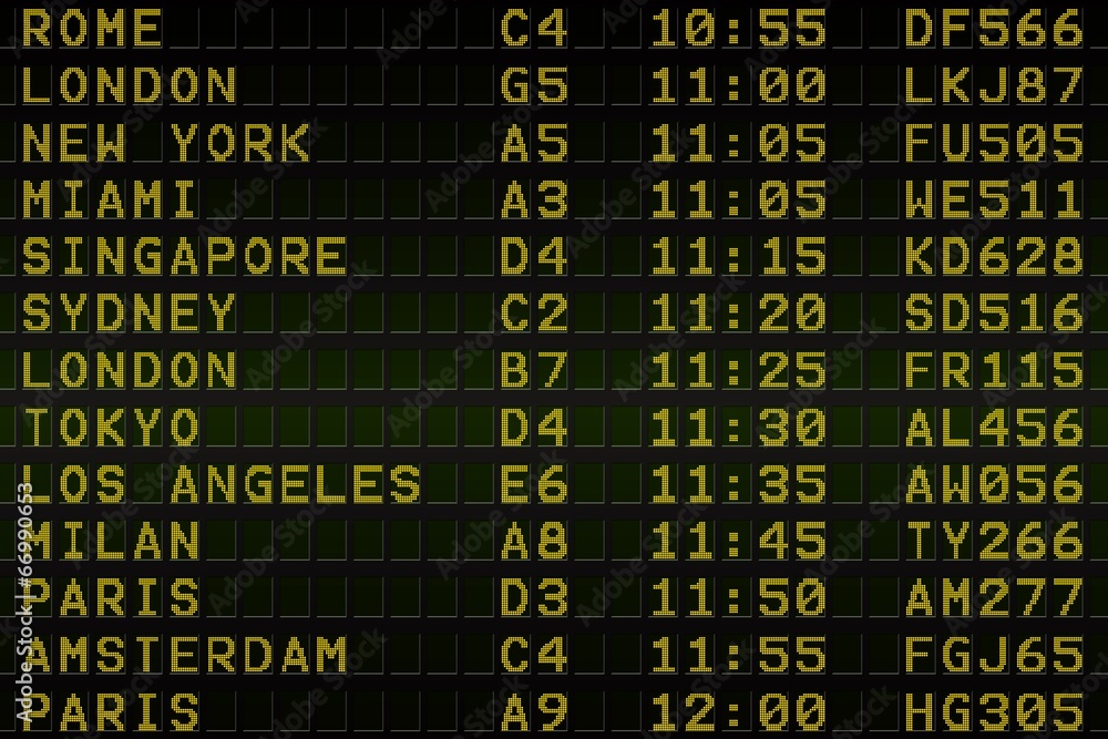 Fototapeta premium Black airport departures board with yellow text