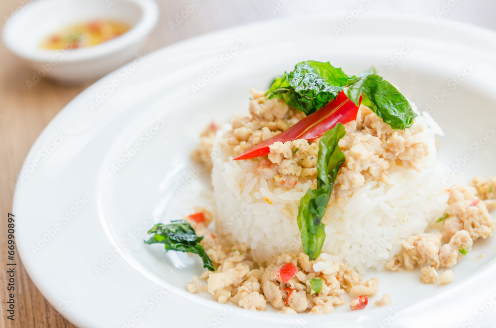 Spicy fried chicken with basil and rice Spicy fried chicken with basil and rice