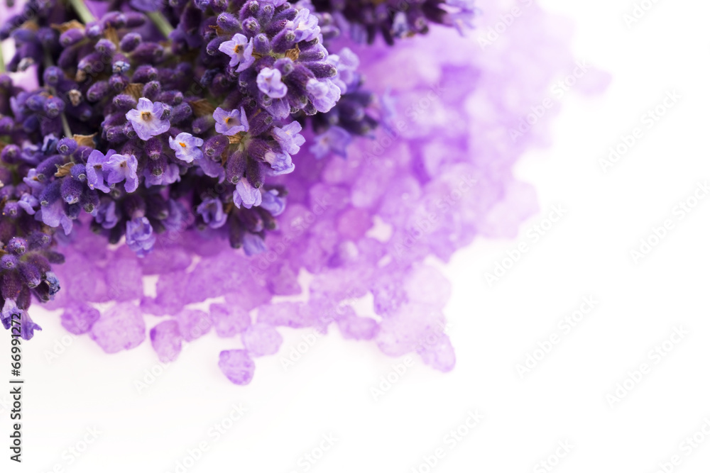 Fototapeta premium Lavender flowers and the bath salt - beauty treatment